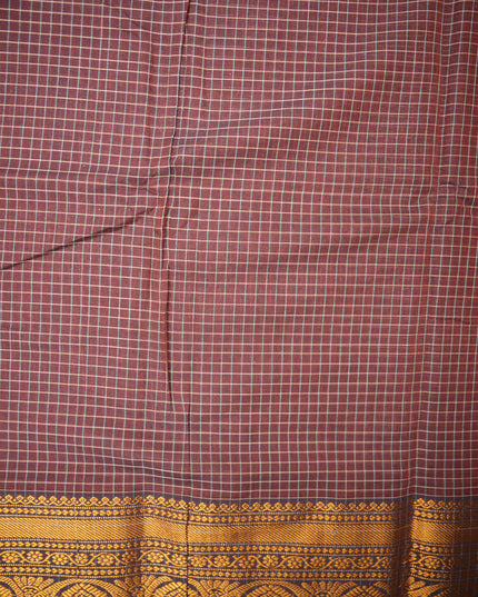 Narayanapet Mercerized Cotton Saree in Deep Coffee Brown Checks with Traditional Border | Soft Finish & Lightweight Drape