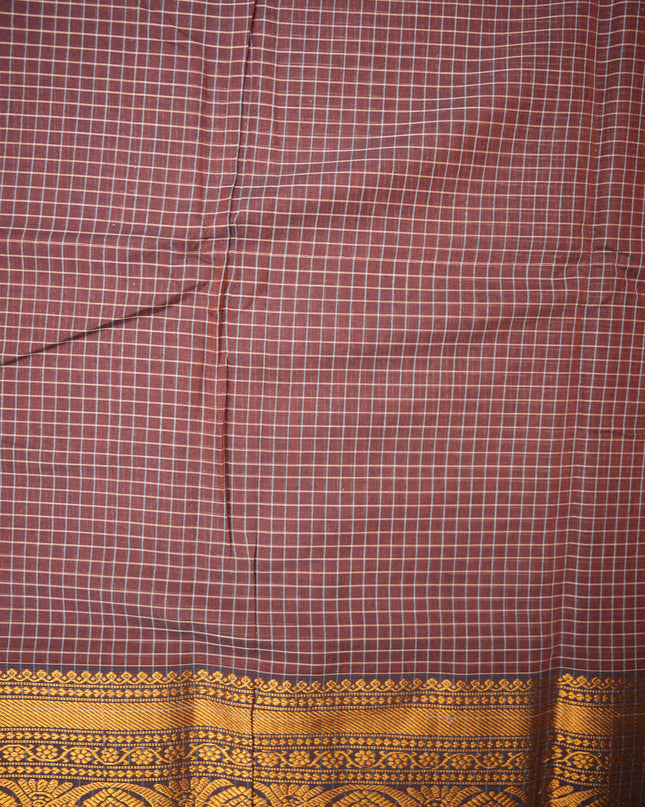 Narayanapet Mercerized Cotton Saree in Deep Coffee Brown Checks with Traditional Border | Soft Finish & Lightweight Drape