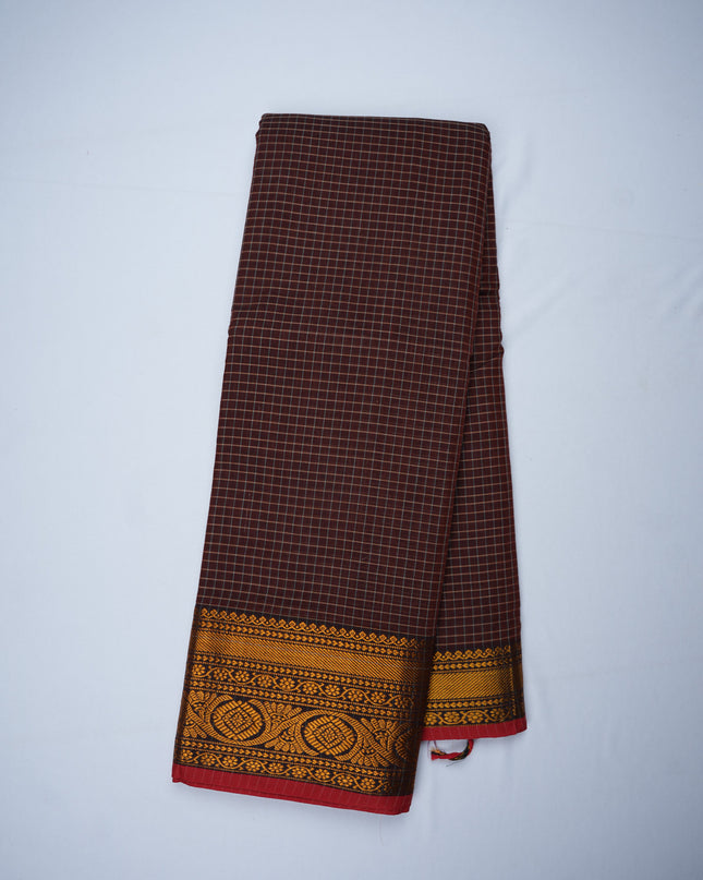 Narayanapet Mercerized Cotton Saree in Deep Coffee Brown Checks with Traditional Border | Soft Finish & Lightweight Drape