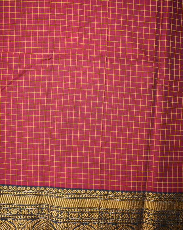 Narayanapet Mercerized Cotton Saree in Rich Maroon Checks with Traditional Border | Soft Finish & Lightweight Drape
