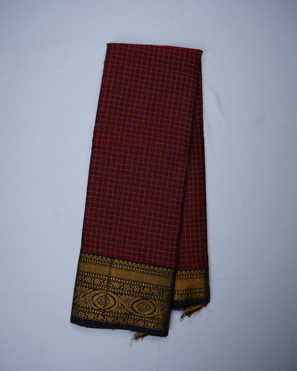 Narayanapet Mercerized Cotton Saree in Rich Maroon Checks with Traditional Border | Soft Finish & Lightweight Drape