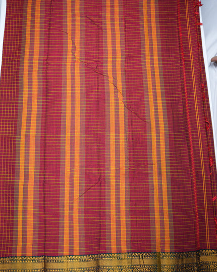 Narayanapet Mercerized Cotton Saree in Rich Maroon Checks with Traditional Border | Soft Finish & Lightweight Drape