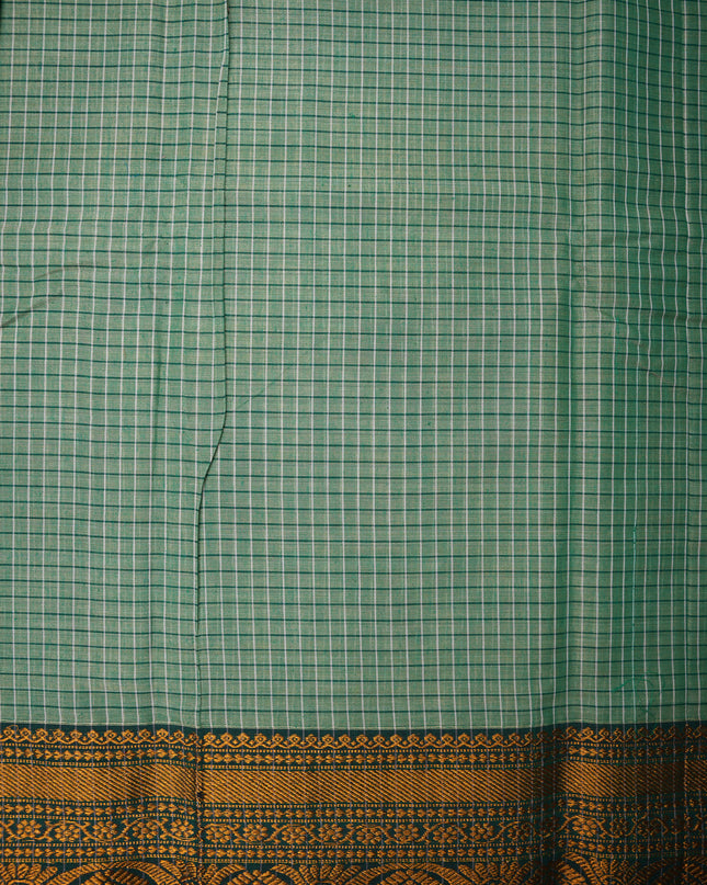 Narayanapet Mercerized Cotton Saree in Soft Olive Green Checks with Traditional Border | Soft Finish & Lightweight Drape