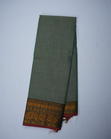 Narayanapet Mercerized Cotton Saree in Soft Olive Green Checks with Traditional Border | Soft Finish & Lightweight Drape