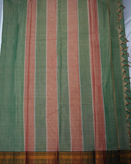 Narayanapet Mercerized Cotton Saree in Soft Olive Green Checks with Traditional Border | Soft Finish & Lightweight Drape