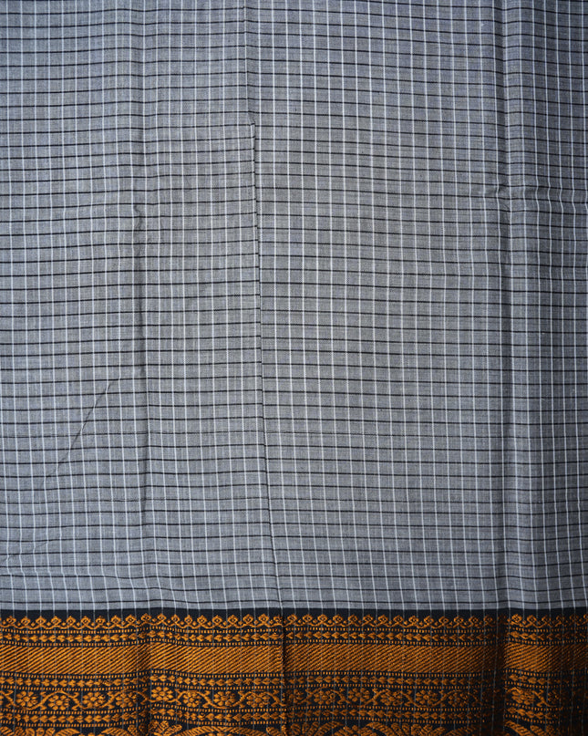 Narayanapet Mercerized Cotton Saree in Classic Ash Grey Checks with Traditional Border | Soft Finish & Lightweight Drape