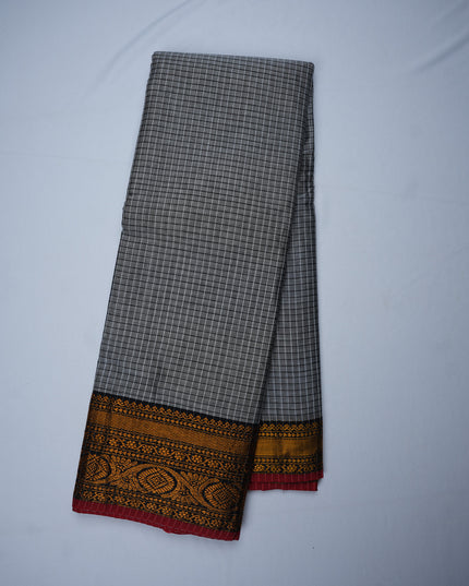 Narayanapet Mercerized Cotton Saree in Classic Ash Grey Checks with Traditional Border | Soft Finish & Lightweight Drape