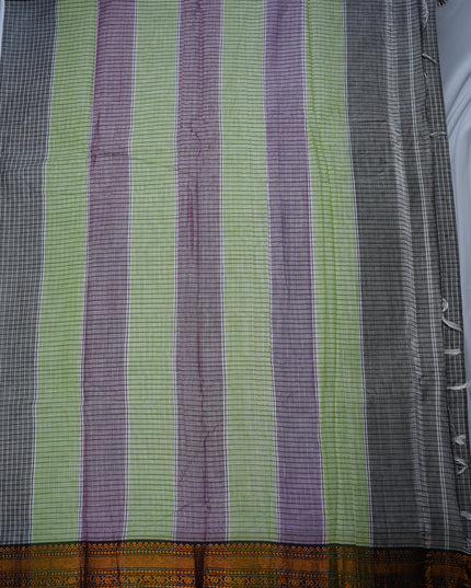 Narayanapet Mercerized Cotton Saree in Classic Ash Grey Checks with Traditional Border | Soft Finish & Lightweight Drape