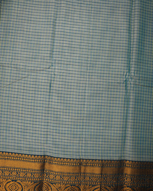 Narayanapet Mercerized Cotton Saree in Sage Grey Checks with Traditional Border | Soft Finish & Lightweight Drape
