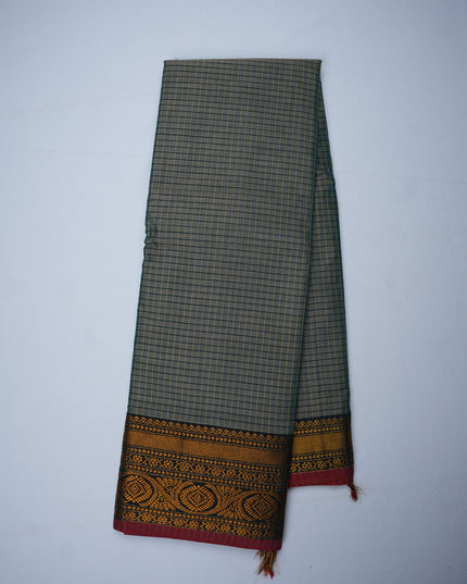 Narayanapet Mercerized Cotton Saree in Sage Grey Checks with Traditional Border | Soft Finish & Lightweight Drape