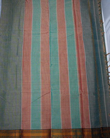 Narayanapet Mercerized Cotton Saree in Sage Grey Checks with Traditional Border | Soft Finish & Lightweight Drape