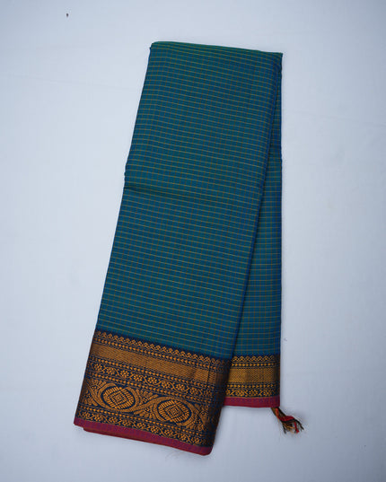 Narayanapet Mercerized Cotton Saree in Teal Blue Checks with Traditional Border | Soft Finish & Lightweight Drape