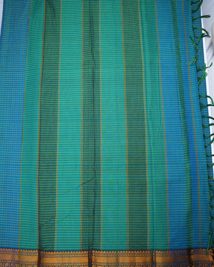 Narayanapet Mercerized Cotton Saree in Teal Blue Checks with Traditional Border | Soft Finish & Lightweight Drape