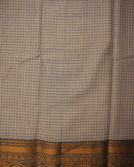 Narayanapet Mercerized Cotton Saree in Warm Taupe Brown Checks with Traditional Border | Soft Finish & Lightweight Drape