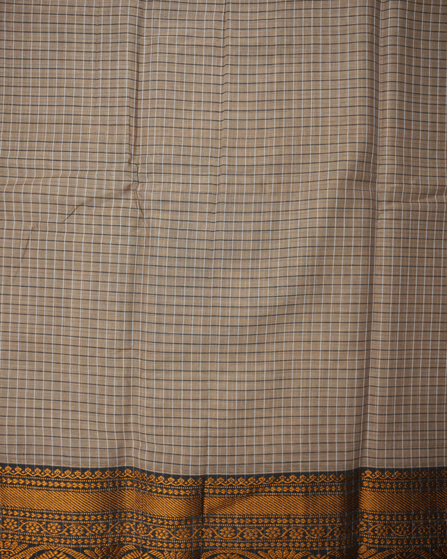 Narayanapet Mercerized Cotton Saree in Warm Taupe Brown Checks with Traditional Border | Soft Finish & Lightweight Drape