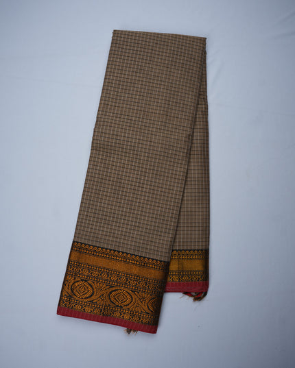 Narayanapet Mercerized Cotton Saree in Warm Taupe Brown Checks with Traditional Border | Soft Finish & Lightweight Drape