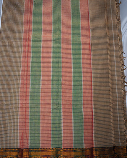 Narayanapet Mercerized Cotton Saree in Warm Taupe Brown Checks with Traditional Border | Soft Finish & Lightweight Drape