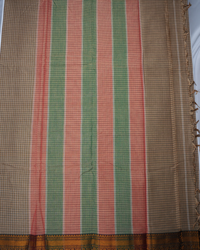 Narayanapet Mercerized Cotton Saree in Warm Taupe Brown Checks with Traditional Border | Soft Finish & Lightweight Drape