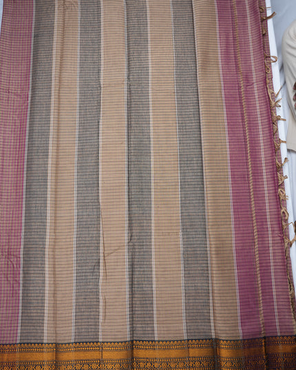 Narayanapet Mercerized Cotton Saree in Dusty Mauve Checks with Traditional Border | Soft Finish & Lightweight Drape
