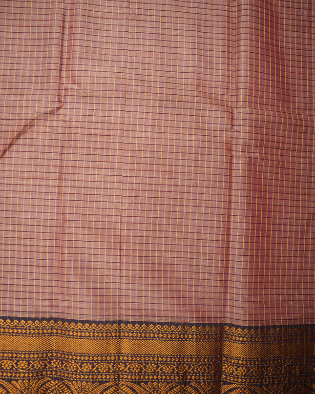 Narayanapet Mercerized Cotton Saree in Cocoa Brown Checks with Traditional Border | Soft Finish & Lightweight Drape