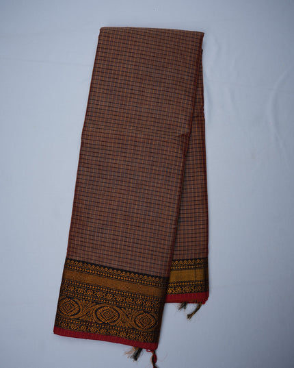 Narayanapet Mercerized Cotton Saree in Cocoa Brown Checks with Traditional Border | Soft Finish & Lightweight Drape