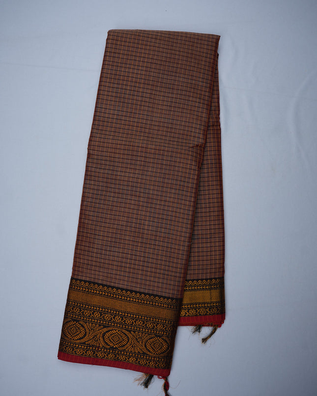 Narayanapet Mercerized Cotton Saree in Cocoa Brown Checks with Traditional Border | Soft Finish & Lightweight Drape