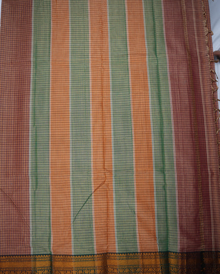 Narayanapet Mercerized Cotton Saree in Cocoa Brown Checks with Traditional Border | Soft Finish & Lightweight Drape