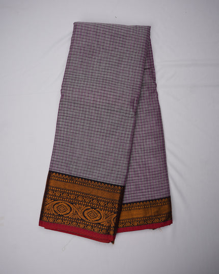 Narayanapet Mercerized Cotton Saree in Elegant Dusty Lilac Checks with Traditional Border | Soft Finish & Lightweight Drape