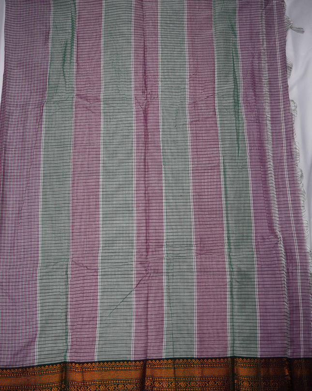 Narayanapet Mercerized Cotton Saree in Elegant Dusty Lilac Checks with Traditional Border | Soft Finish & Lightweight Drape