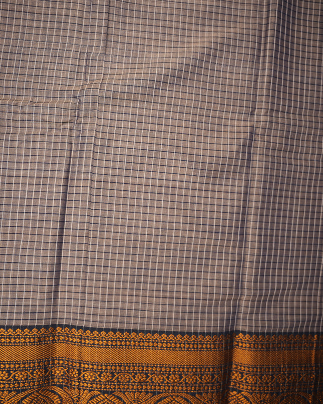 Narayanapet Mercerized Cotton Saree in Elegant Taupe Brown Checks with Traditional Border | Soft Finish & Lightweight Drape