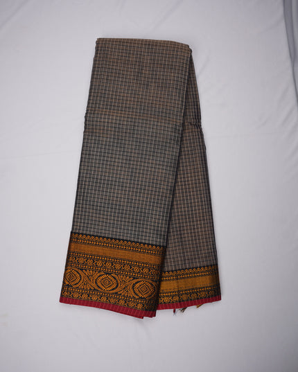 Narayanapet Mercerized Cotton Saree in Elegant Taupe Brown Checks with Traditional Border | Soft Finish & Lightweight Drape