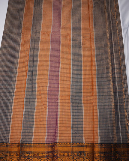 Narayanapet Mercerized Cotton Saree in Elegant Taupe Brown Checks with Traditional Border | Soft Finish & Lightweight Drape