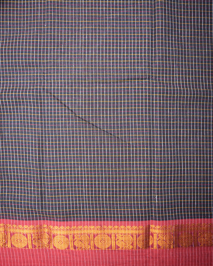 Narayanapet Mercerized Cotton Saree in Charcoal Black Checks with Contrast Green Border | Soft Finish & Lightweight Drape