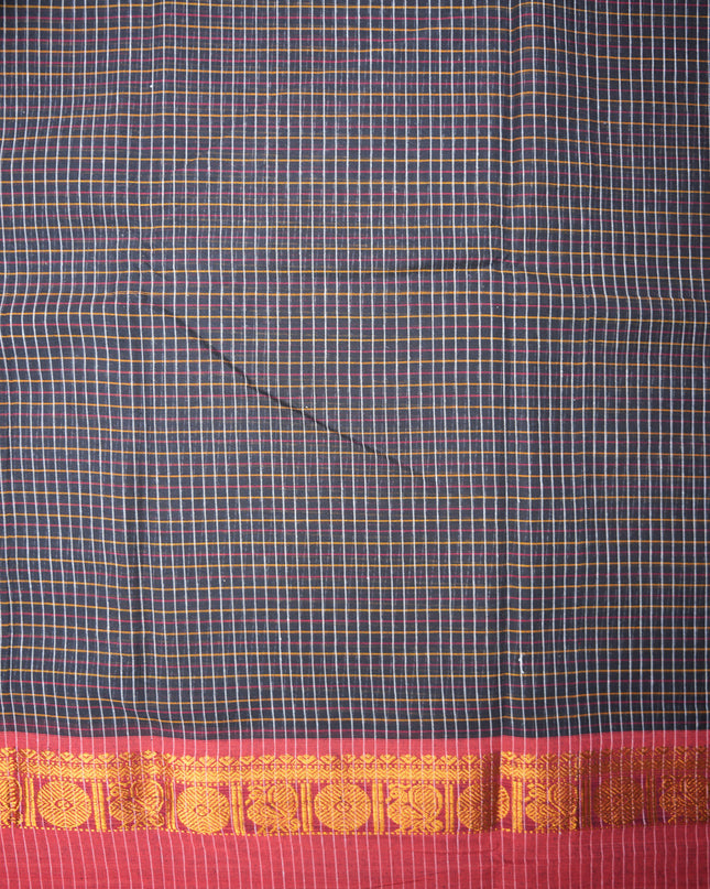 Narayanapet Mercerized Cotton Saree in Charcoal Black Checks with Contrast Green Border | Soft Finish & Lightweight Drape