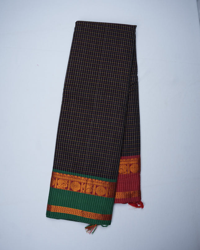 Narayanapet Mercerized Cotton Saree in Charcoal Black Checks with Contrast Green Border | Soft Finish & Lightweight Drape