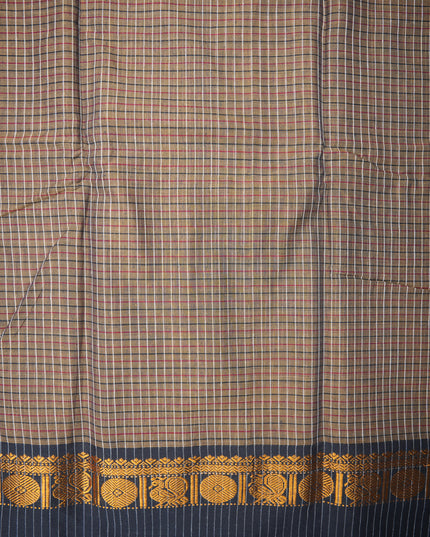 Narayanapet Mercerized Cotton Saree in Earthy Olive Brown Checks with Black Temple Border | Soft Finish & Lightweight Drape