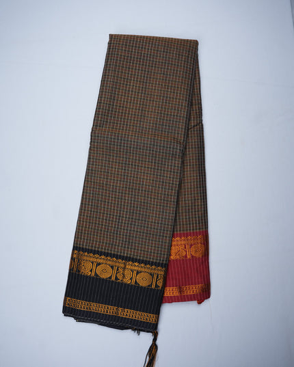 Narayanapet Mercerized Cotton Saree in Earthy Olive Brown Checks with Black Temple Border | Soft Finish & Lightweight Drape