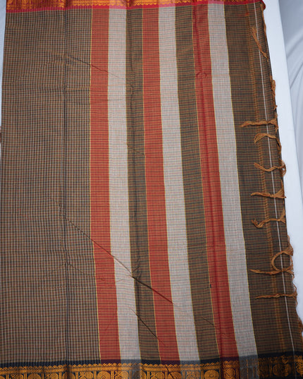 Narayanapet Mercerized Cotton Saree in Earthy Olive Brown Checks with Black Temple Border | Soft Finish & Lightweight Drape