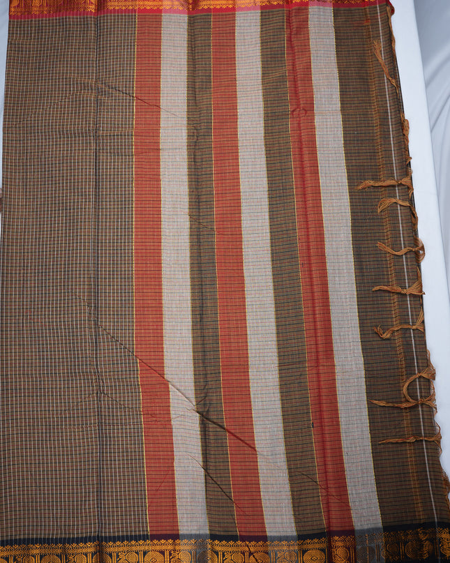 Narayanapet Mercerized Cotton Saree in Earthy Olive Brown Checks with Black Temple Border | Soft Finish & Lightweight Drape