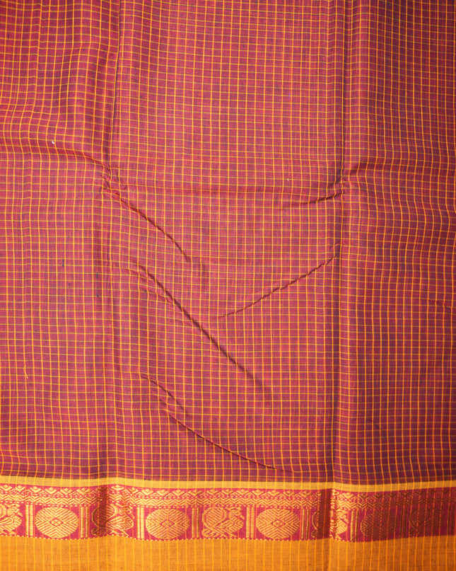 Narayanapet Mercerized Cotton Saree in Deep Maroon Checks with Mustard Gold Border | Soft Finish & Lightweight Drape