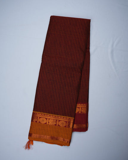 Narayanapet Mercerized Cotton Saree in Deep Maroon Checks with Mustard Gold Border | Soft Finish & Lightweight Drape