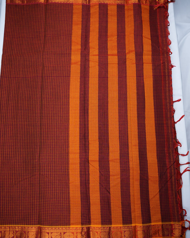 Narayanapet Mercerized Cotton Saree in Deep Maroon Checks with Mustard Gold Border | Soft Finish & Lightweight Drape