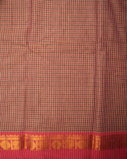 Narayanapet Mercerized Cotton Saree in Rustic Coffee Brown Checks with Black Temple Border | Soft Finish & Lightweight Drape