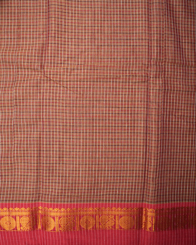 Narayanapet Mercerized Cotton Saree in Rustic Coffee Brown Checks with Black Temple Border | Soft Finish & Lightweight Drape