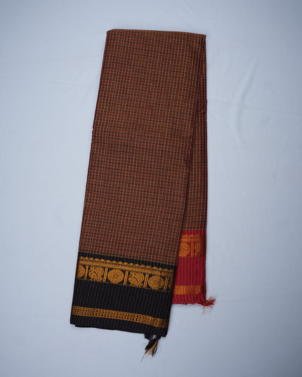 Narayanapet Mercerized Cotton Saree in Rustic Coffee Brown Checks with Black Temple Border | Soft Finish & Lightweight Drape