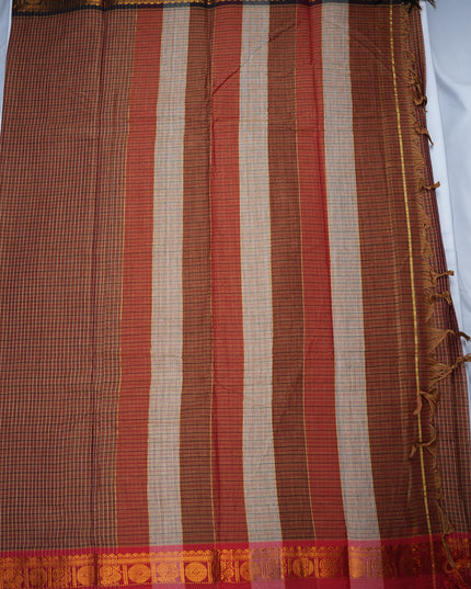 Narayanapet Mercerized Cotton Saree in Rustic Coffee Brown Checks with Black Temple Border | Soft Finish & Lightweight Drape