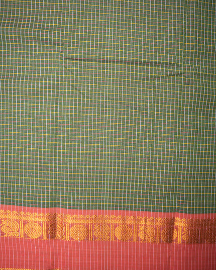 Narayanapet Mercerized Cotton Saree in Deep Forest Green Checks with Contrast Emerald Green Border | Soft Finish & Lightweight Drape