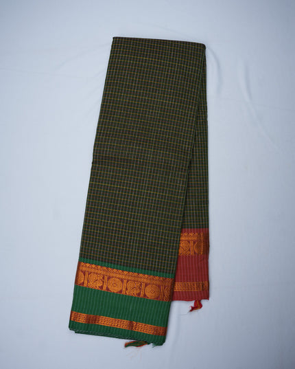 Narayanapet Mercerized Cotton Saree in Deep Forest Green Checks with Contrast Emerald Green Border | Soft Finish & Lightweight Drape
