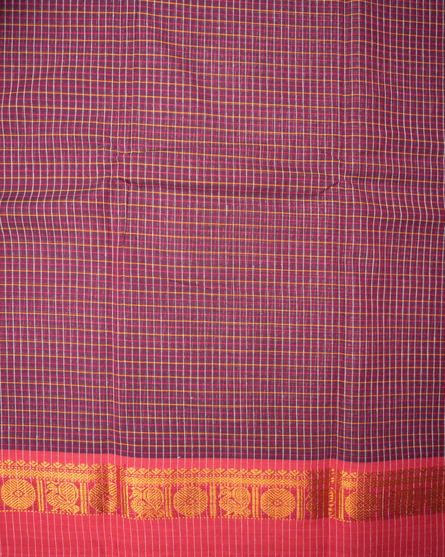 Narayanapet Mercerized Cotton Saree in Rich Wine Maroon Checks with Contrast Emerald Green Border | Soft Finish & Lightweight Drape