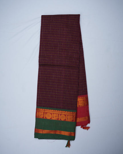 Narayanapet Mercerized Cotton Saree in Rich Wine Maroon Checks with Contrast Emerald Green Border | Soft Finish & Lightweight Drape